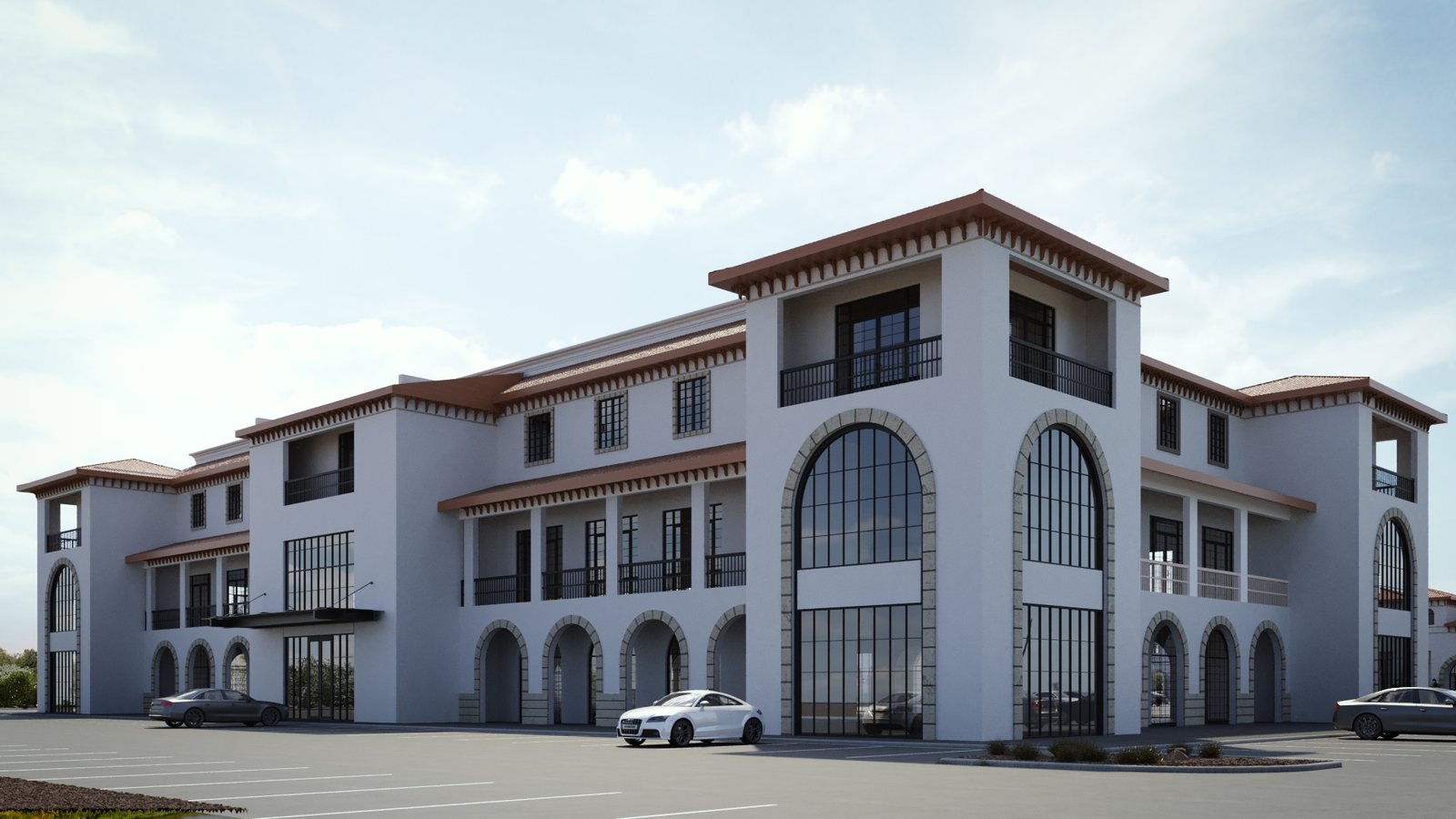 Corner view of a Spanish Revival building