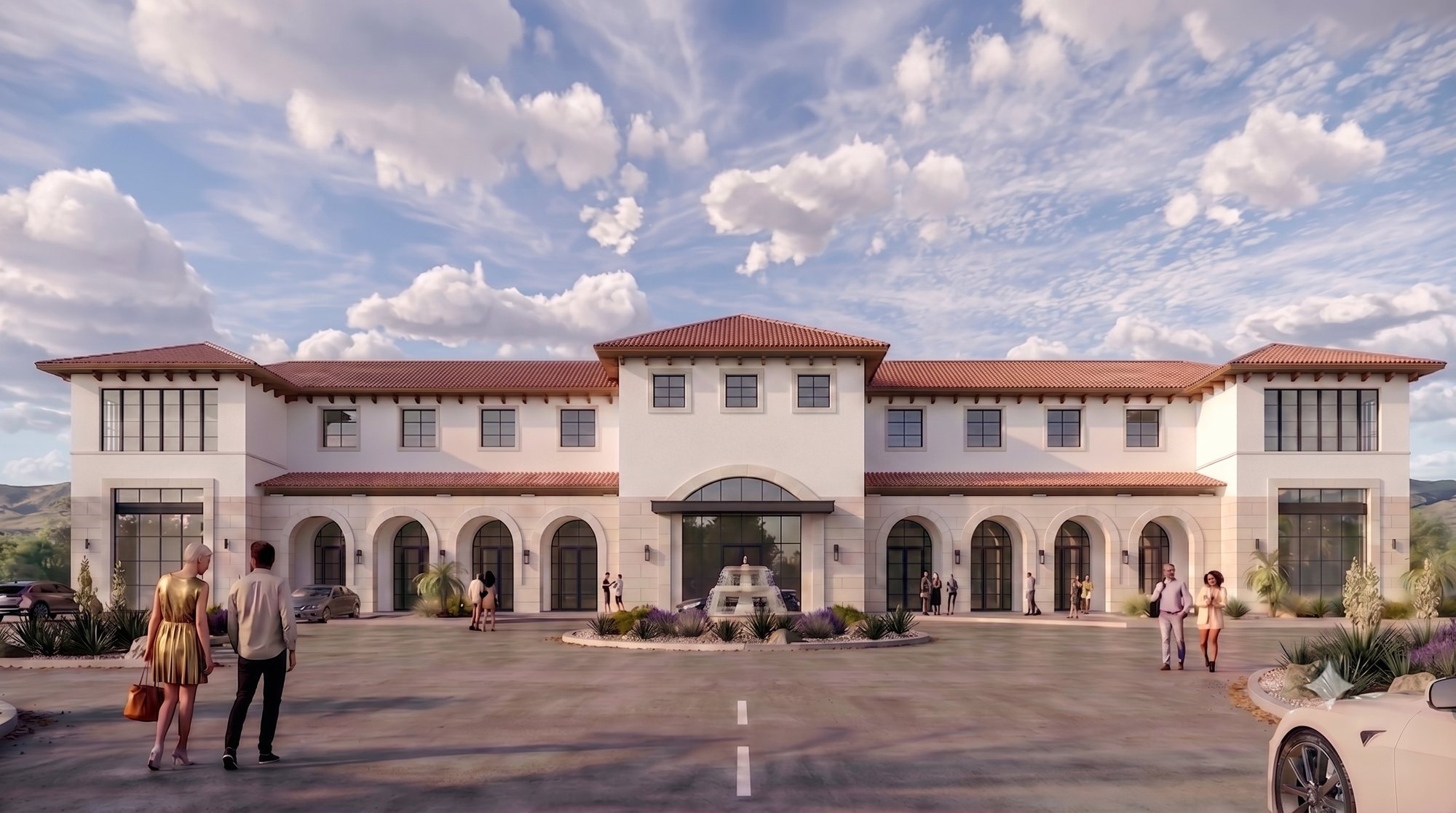 Jardines at Cimarron Spanish Revival campus with central fountain courtyard and the Franklin Mountains behind